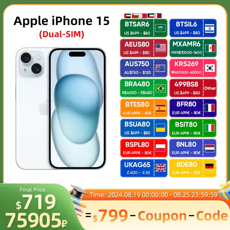 Apple iPhone 15 A3092 iOS 17 Apple A16 Bionic Super Retina XDR OLED Display IP68 dust/water resistant Dual SIM 100% New Original